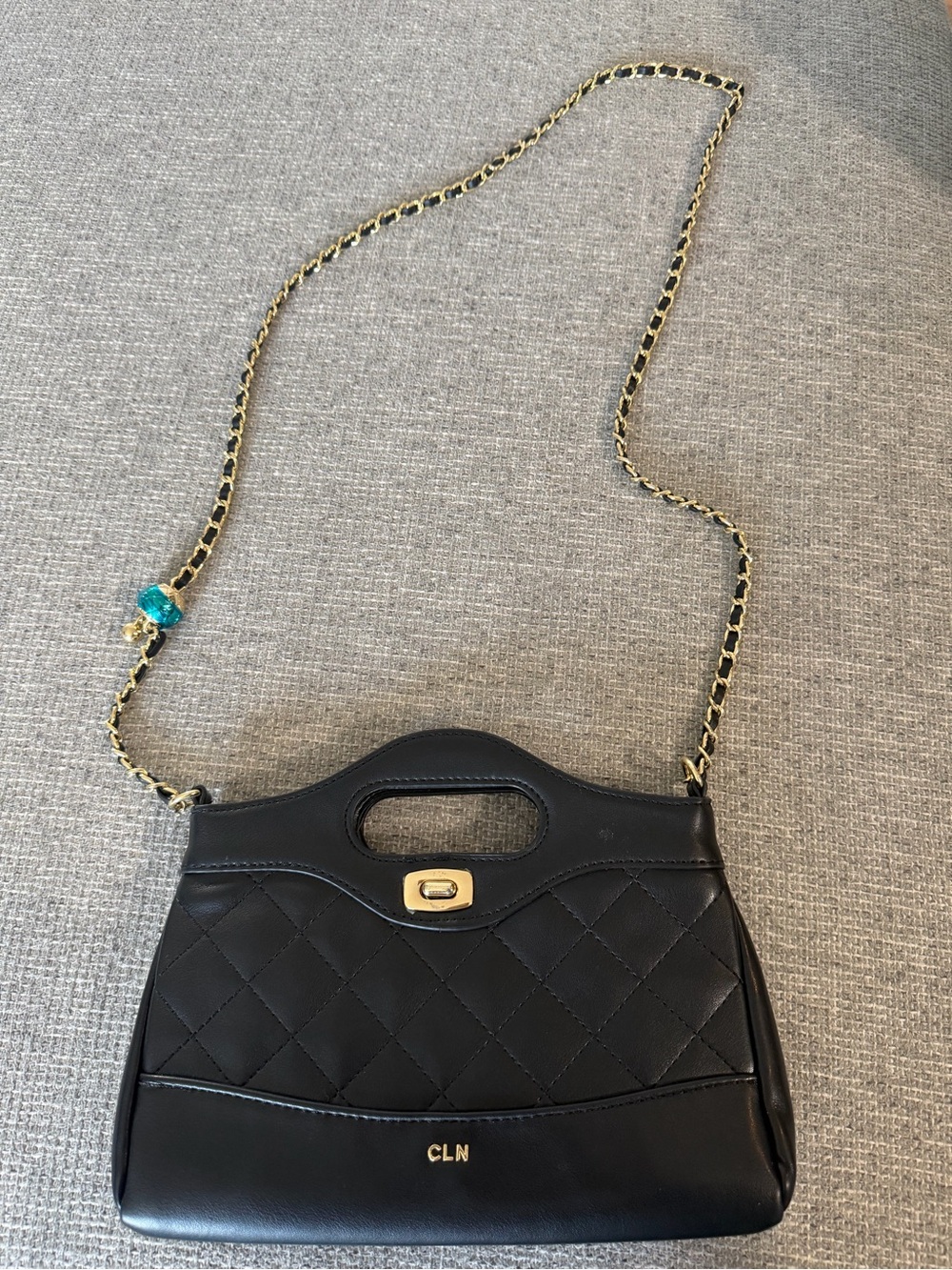 Black Quilted Shoulder Bag with Gold Chain Strap